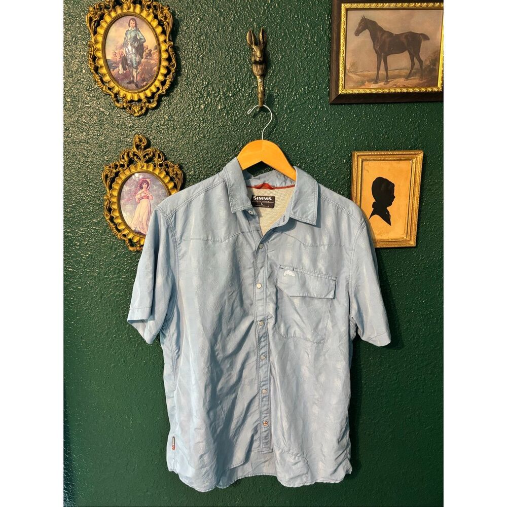 Simms Light Blue Lightweight Wicking Fishing Hiking Button Front Short Sleeve Sh